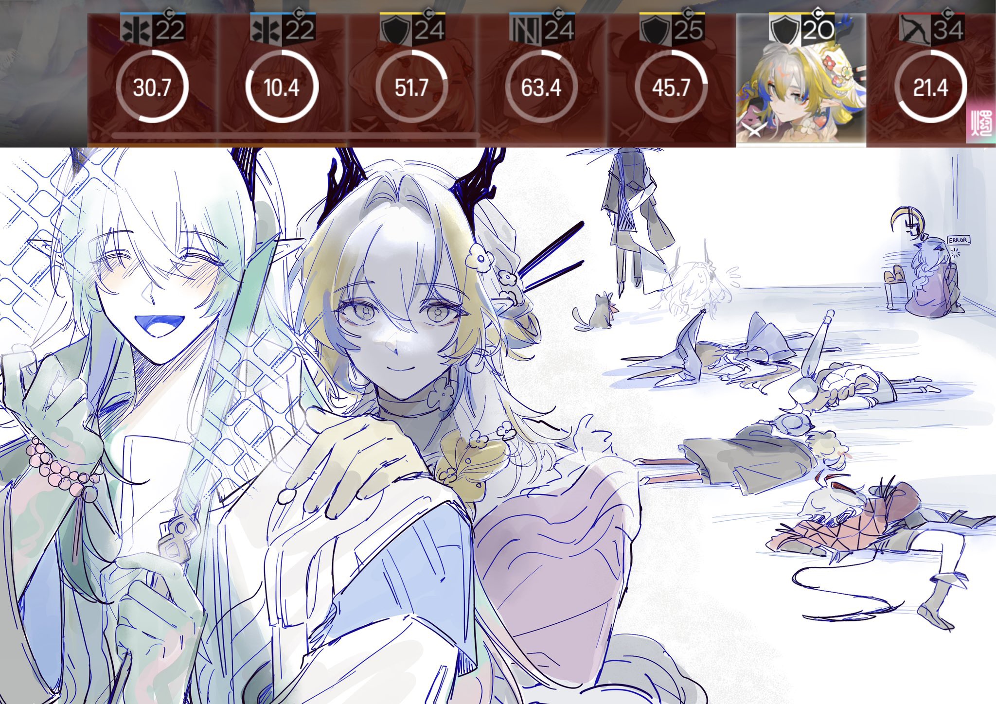 sakiaoba, amiya (arknights), amiya (medic) (arknights), amiya (medic) (solo around the world) (arknights), cuora (arknights), gummy (arknights), gummy (summer flowers) (arknights), phantom (arknights), ptilopsis (arknights), ptilopsis (serenity) (arknights), shu (arknights), shu (spring feast) (arknights), theresa (arknights), tragodia (arknights), w (arknights), wis'adel (arknights), yi (arknights), arknights, commentary, highres, symbol-only commentary, 2boys, 6+girls, :d, bead bracelet, beads, bracelet, braid, closed mouth, dragon horns, game screenshot inset, gameplay mechanics, hand on another's shoulder, horns, jewelry, long hair, looking at viewer, lying, multicolored hair, multiple boys, multiple girls, on ground, on side, on stomach, open mouth, pointy ears, screenshot inset, smile, streaked hair, unconscious, upper body