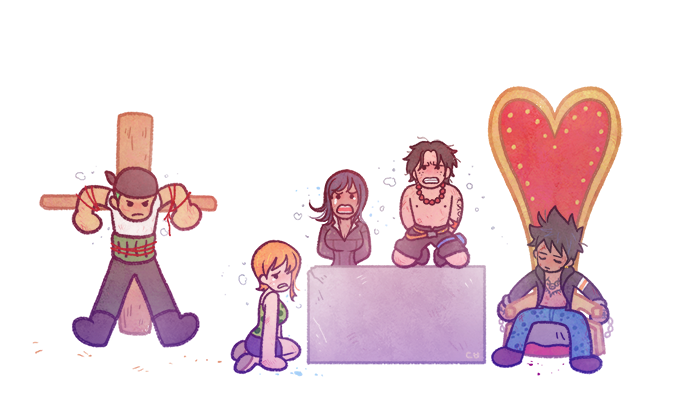 pikaole, nami (one piece), nico robin, portgas d. ace, roronoa zoro, trafalgar law, one piece, commentary, english commentary, 2girls, 3boys, arm tattoo, bandana, black bandana, black pants, black shorts, chest tattoo, chibi, closed eyes, denim, haramaki, jeans, jewelry, multiple boys, multiple girls, necklace, orange hair, pants, pearl necklace, seiza, short hair, shorts, sitting, tattoo, tears