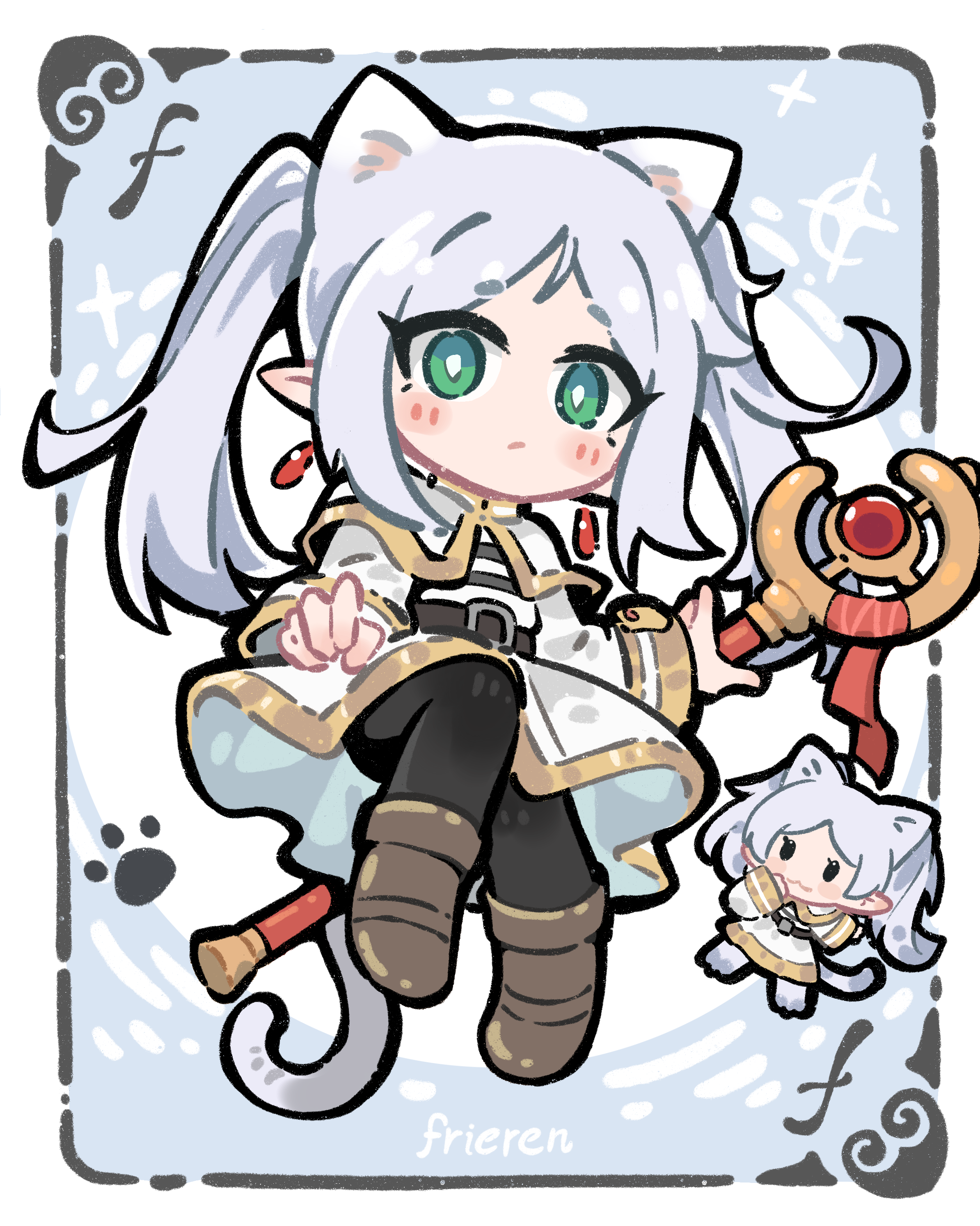 index 7665, frieren, sousou no frieren, absurdres, chinese commentary, commentary request, highres, :3, animal ears, belt, black pantyhose, blush stickers, boots, brown boots, capelet, cat ears, cat tail, character name, chibi, chibi inset, earrings, elf, extra ears, floating earrings, full body, green eyes, grey hair, holding, holding staff, jewelry, long sleeves, mage staff, pantyhose, parted bangs, paw print, pointy ears, solid oval eyes, staff, striped clothes, tail, teardrop earrings, twintails, white capelet