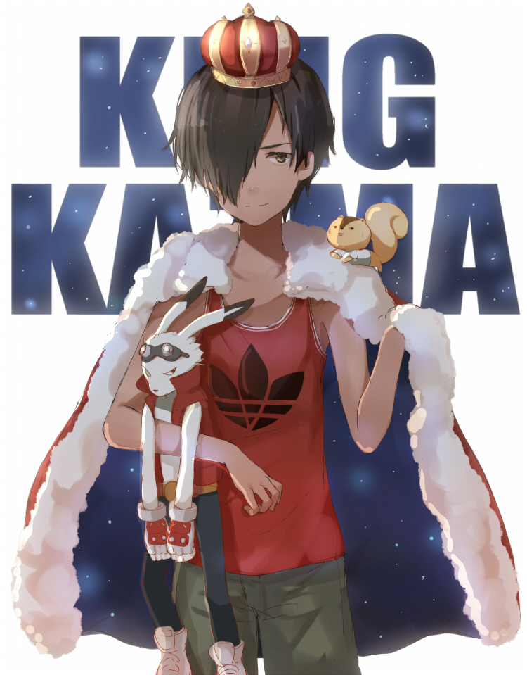 tetsuo (tashirosu), ikezawa kazuma, kari-kenji, king kazma, adidas, summer wars, 00s, 1boy, cape, child, crown, dark skin, goggles, goggles on head, male focus, solo, tan