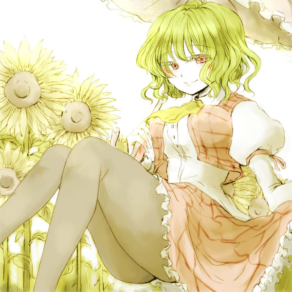 monokuro mo, kazami yuuka, touhou, 1girl, ascot, female focus, flower, green hair, legs, pantyhose, parasol, plaid clothes, plaid skirt, plaid vest, red eyes, short hair, skirt, skirt set, smile, solo, sunflower, umbrella, vest