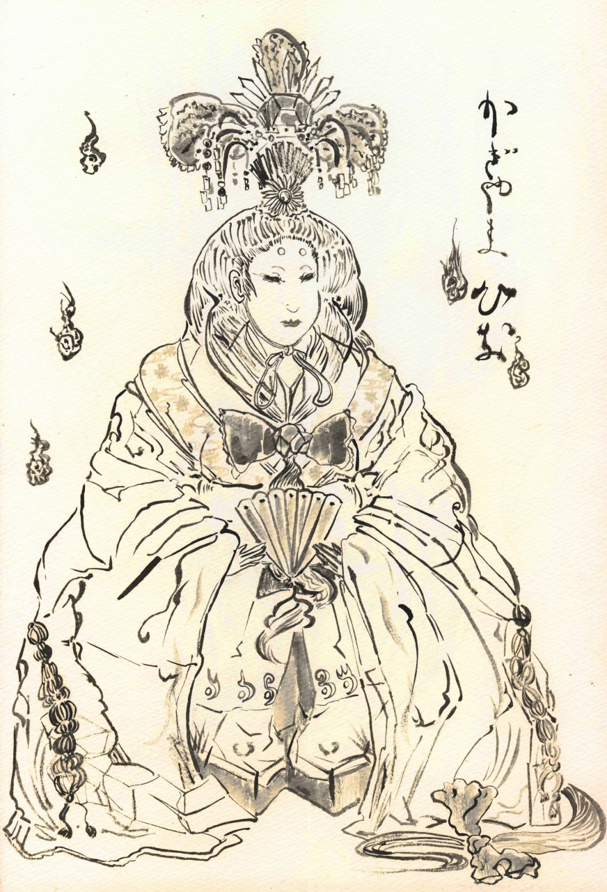 hornchameleon, kagiyama hina, touhou, bad id, bad pixiv id, brush (medium), highres, traditional media, 1girl, female focus, front ponytail, hand fan, monochrome, solo, sumi-e