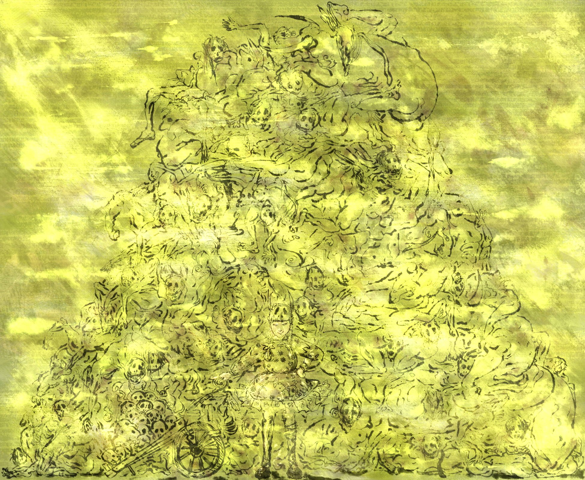 hornchameleon, kaenbyou rin, touhou, bad id, bad pixiv id, brush (medium), highres, 1girl, braid, death, dogpile, female focus, green theme, hand on own hip, hip focus, monochrome, skull, solo, spot color, sumi-e, twin braids, wheelbarrow