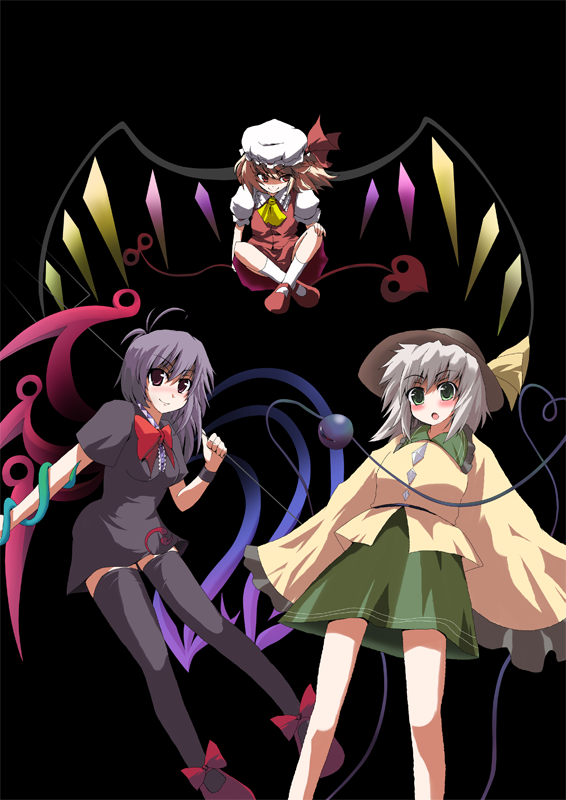 okumari, flandre scarlet, houjuu nue, komeiji koishi, touhou, silver hair, bad id, bad pixiv id, 3girls, black hair, black thighhighs, blonde hair, dress, female focus, green eyes, hat, heart, heart of string, multiple girls, polearm, red eyes, ribbon, short hair, side ponytail, skirt, snake, thighhighs, weapon, wings, zettai ryouiki