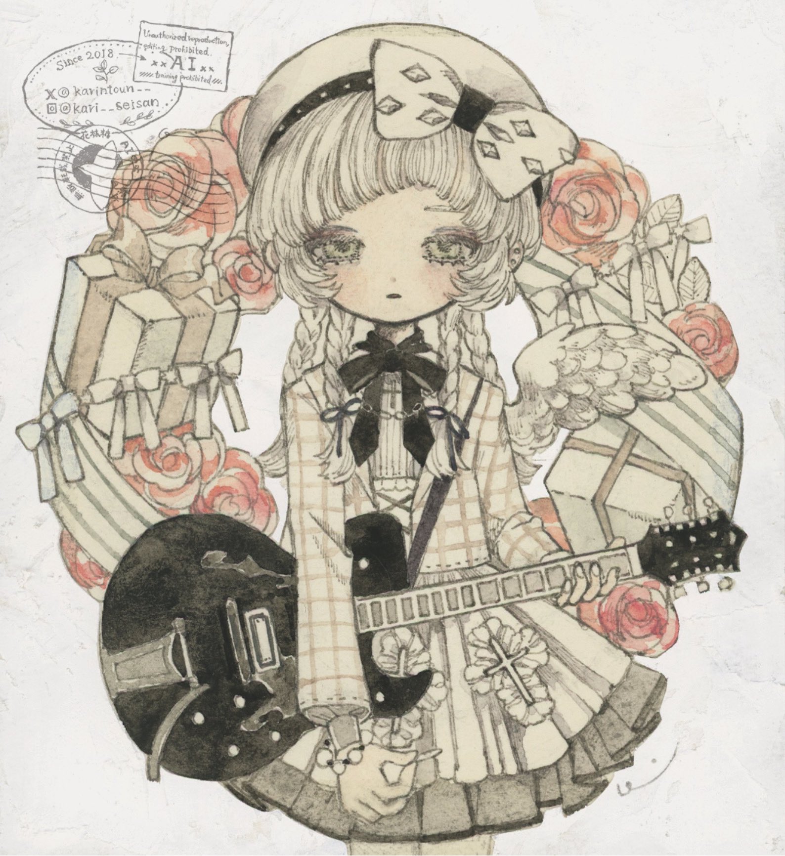 karintoun, original, acrylic paint (medium), commentary, highres, painting (medium), symbol-only commentary, traditional media, watercolor (medium), 1girl, angel wings, arched bangs, beret, blonde hair, blush, bow, box, bracelet, braid, closed mouth, colored pencil, earrings, electric guitar, flower, flower wreath, frilled skirt, frills, full body, gift, gift box, guitar, guitar strap, hair bow, hat, headband, holding, holding guitar, holding instrument, instagram logo, instagram username, instrument, jacket, jewelry, lace, large ribbon, long eyelashes, long hair, long sleeves, looking at viewer, neck ribbon, pale skin, pastel colors, pencil, plaid clothes, plaid jacket, pleated skirt, postmark, ribbon, rose, signature, single wing, sketch, skirt, solo, standing, straight-on, stud earrings, twin braids, twitter username, twitter x logo, watermark, white background, wings, wreath