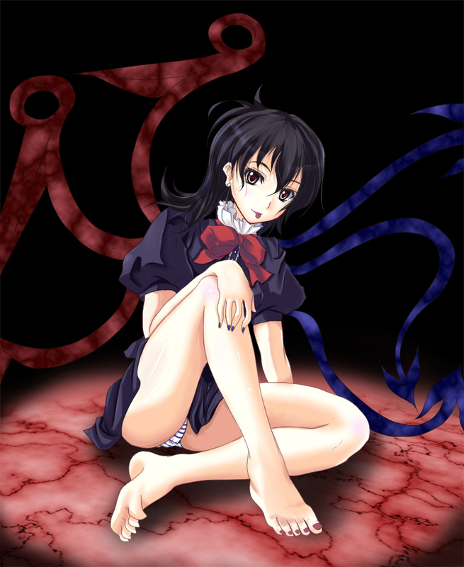 oimari, houjuu nue, touhou, bad id, bad pixiv id, 1girl, :p, bare legs, barefoot, black hair, blue nails, dress, feet, female focus, legs, long legs, nail polish, no legwear, no shoes, panties, purple nails, red eyes, short hair, sitting, solo, striped clothes, striped panties, toenail polish, toenails, tongue, tongue out, underwear, wings