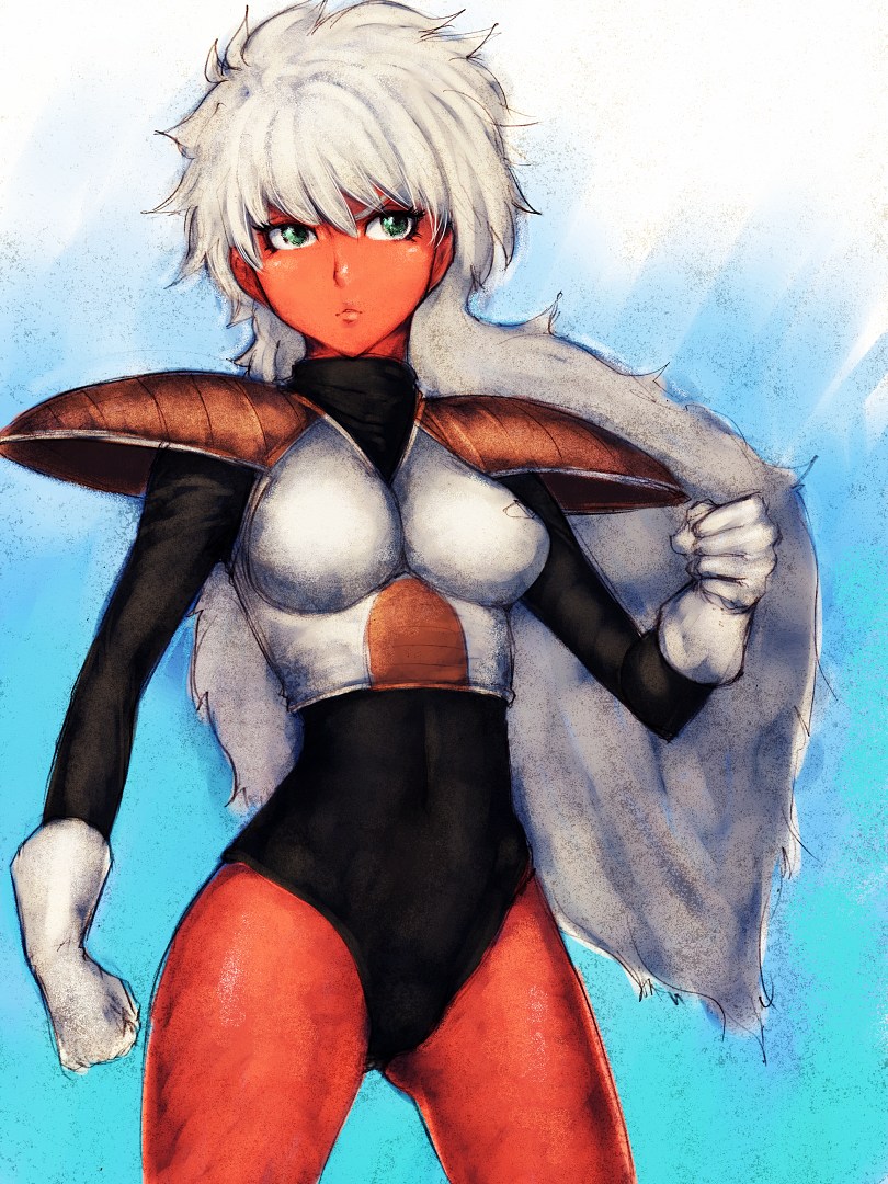 fumio (rsqkr), jeice, dragon ball, dragonball z, 1girl, armor, colored skin, female focus, genderswap, genderswap (mtf), green eyes, long hair, red skin, shoulder pads, solo, white hair