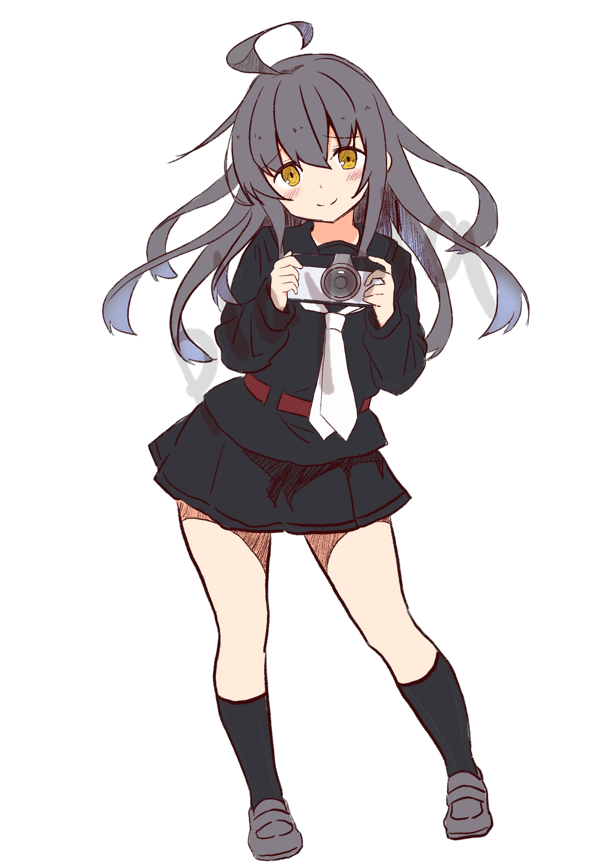 playalq, mikazuki (kancolle), kantai collection, absurdres, commentary request, highres, 1girl, ahoge, black hair, black sailor collar, black serafuku, black shirt, black skirt, brown eyes, camera, dress, full body, holding, holding camera, msile, neckerchief, pleated dress, sailor collar, school uniform, serafuku, shirt, simple background, skirt, solo, white background, white neckerchief