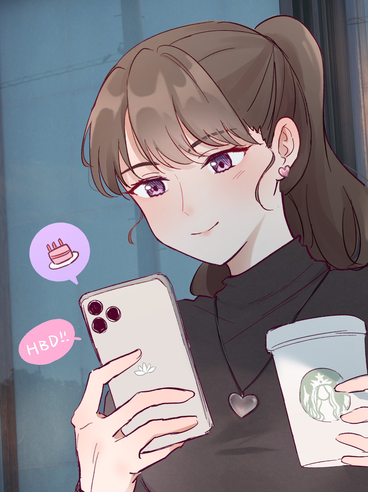 risai, fujishima megumi, fujishima megumi (post-graduation), link! like! love live!, love live!, starbucks, commentary, hashtag-only commentary, highres, 1girl, birthday cake, black sweater, cake, cellphone, closed mouth, colored speech bubble, cup, disposable coffee cup, disposable cup, earrings, food, happy birthday, heart, heart earrings, heart necklace, holding, holding cup, holding phone, iphone, jewelry, looking at phone, necklace, no jacket, phone, purple eyes, smartphone, smile, solo, speech bubble, split mouth, spoken food, sweater, turtleneck, turtleneck sweater, upper body, virtual youtuber