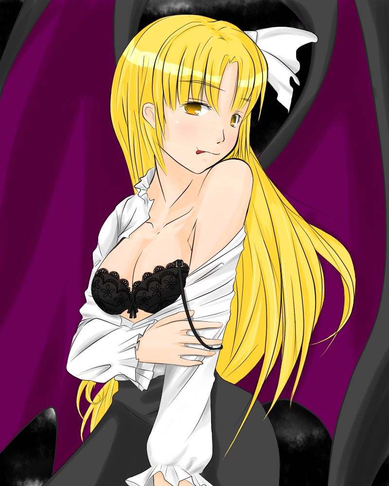 ikarinokanmuri, kurumi (touhou), lotus land story, touhou, touhou (pc-98), 1girl, bare shoulders, bat wings, blonde hair, bow, bra, female focus, hair bow, lingerie, long hair, long sleeves, off shoulder, shirt, smile, solo, tongue, underwear, undressing, vampire, white shirt, wings, yellow eyes