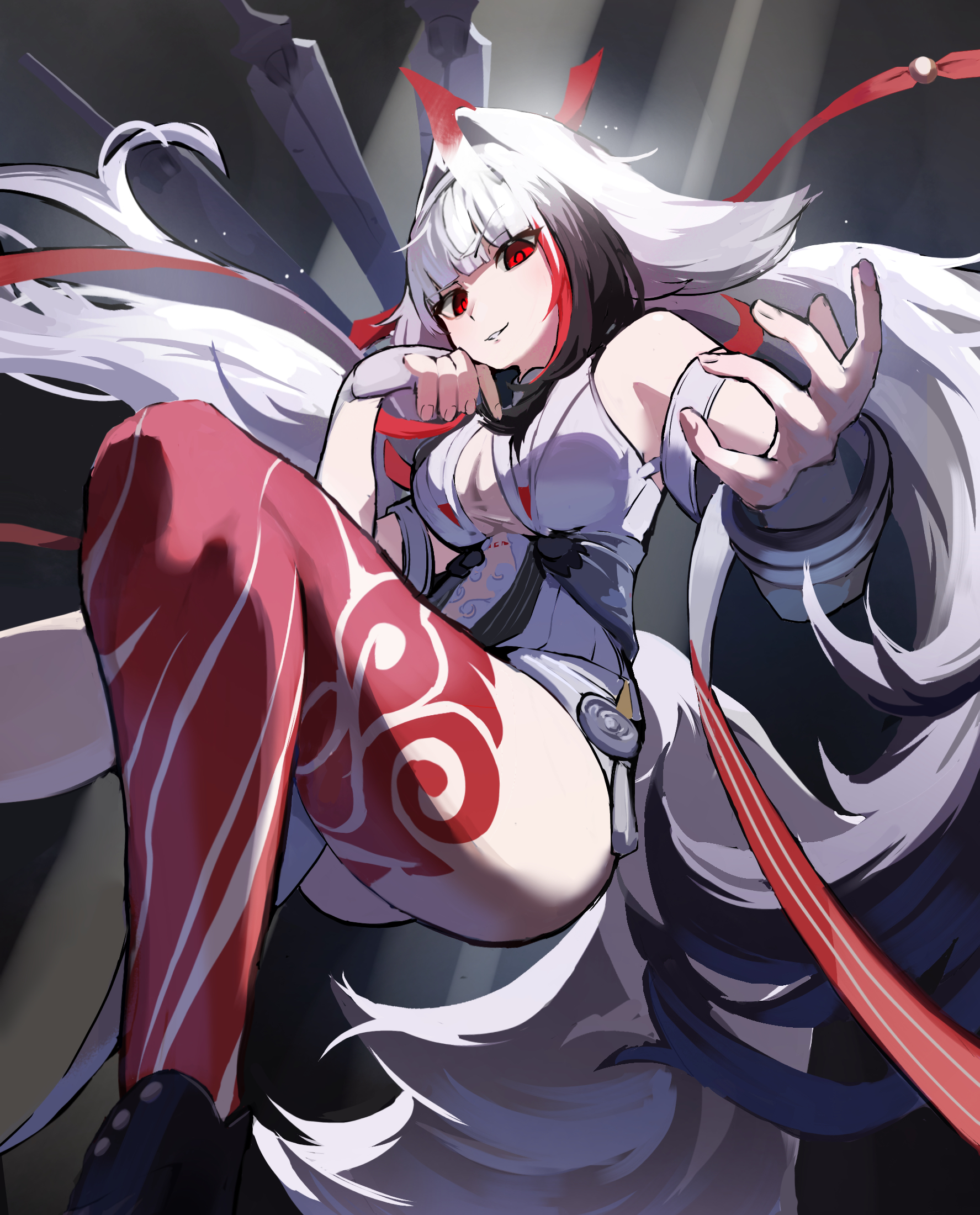 kraken bio, ye shunguang, zenless zone zero, commentary, highres, 1girl, alternate form, ass, breasts, china dress, chinese clothes, dress, droopy ears, gradient hair, horns, large breasts, leg tattoo, long hair, looking at viewer, multicolored hair, multiple swords, red eyes, seductive smile, see-through clothes, single horn, sleeveless, smile, streaked hair, tail, tattoo, thighs, very long hair, white hair