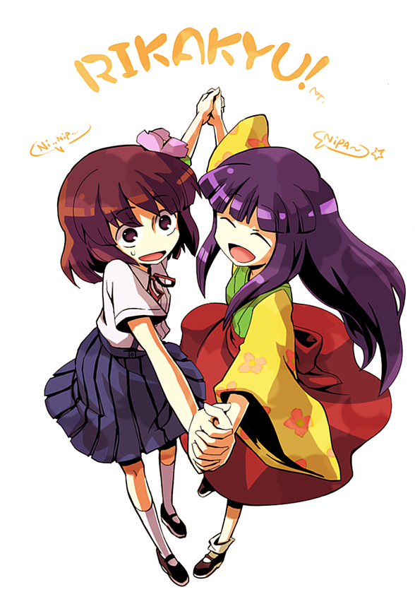 nightea, furude rika, hieda no akyuu, higurashi no naku koro ni, touhou, 2girls, brown hair, cosplay, costume switch, crossover, flower, furude rika (cosplay), hieda no akyuu (cosplay), long hair, multiple girls, purple hair, school uniform, short hair