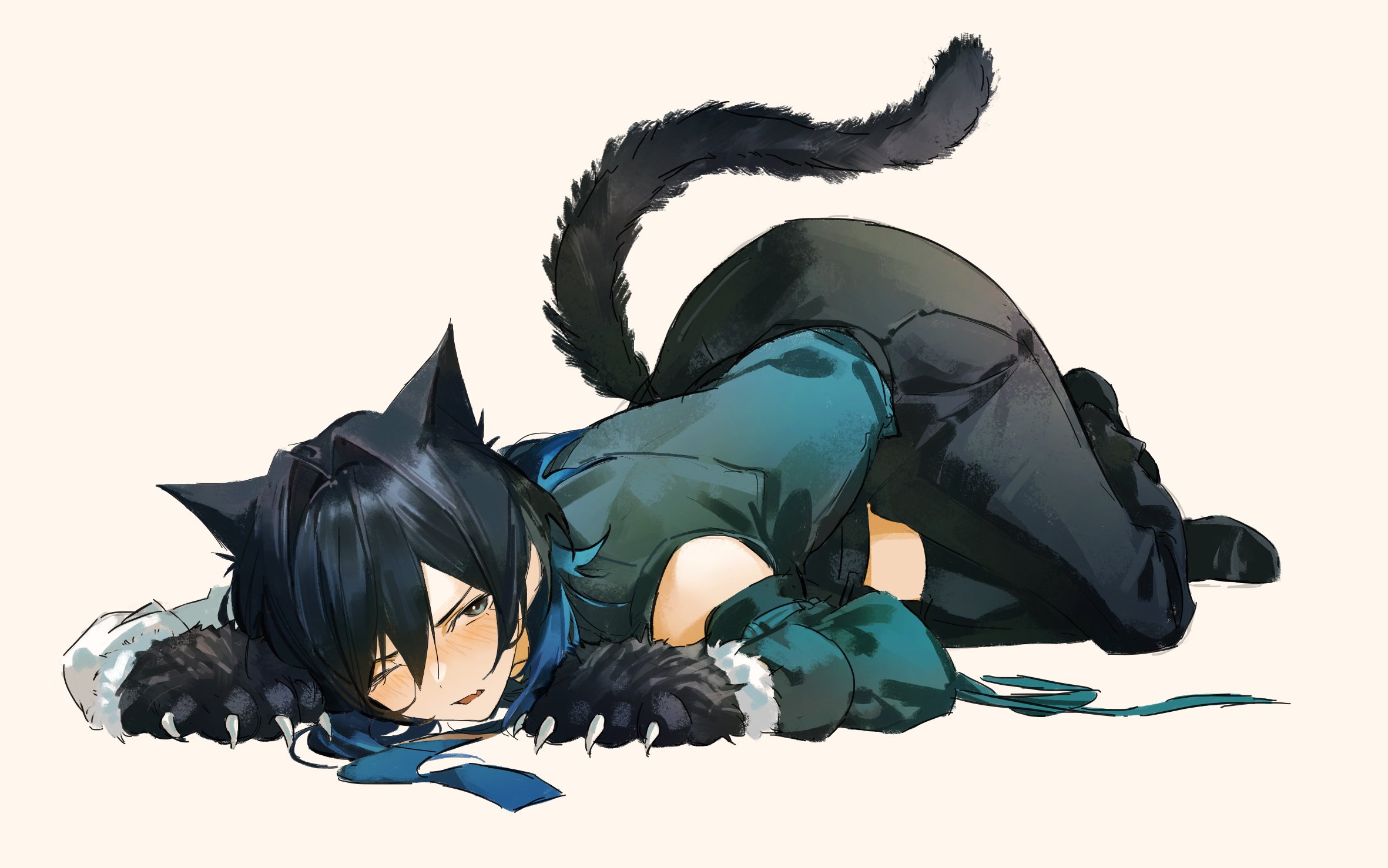 kyoko (zeprii4), ouro kronii, hololive, hololive english, highres, animal ears, animal hands, blue eyes, blue hair, blush, cat ears, cat girl, cat paws, cat tail, fake claws, full body, lying, necktie, on stomach, one eye closed, open mouth, simple background, solo, solo focus, tail, white background