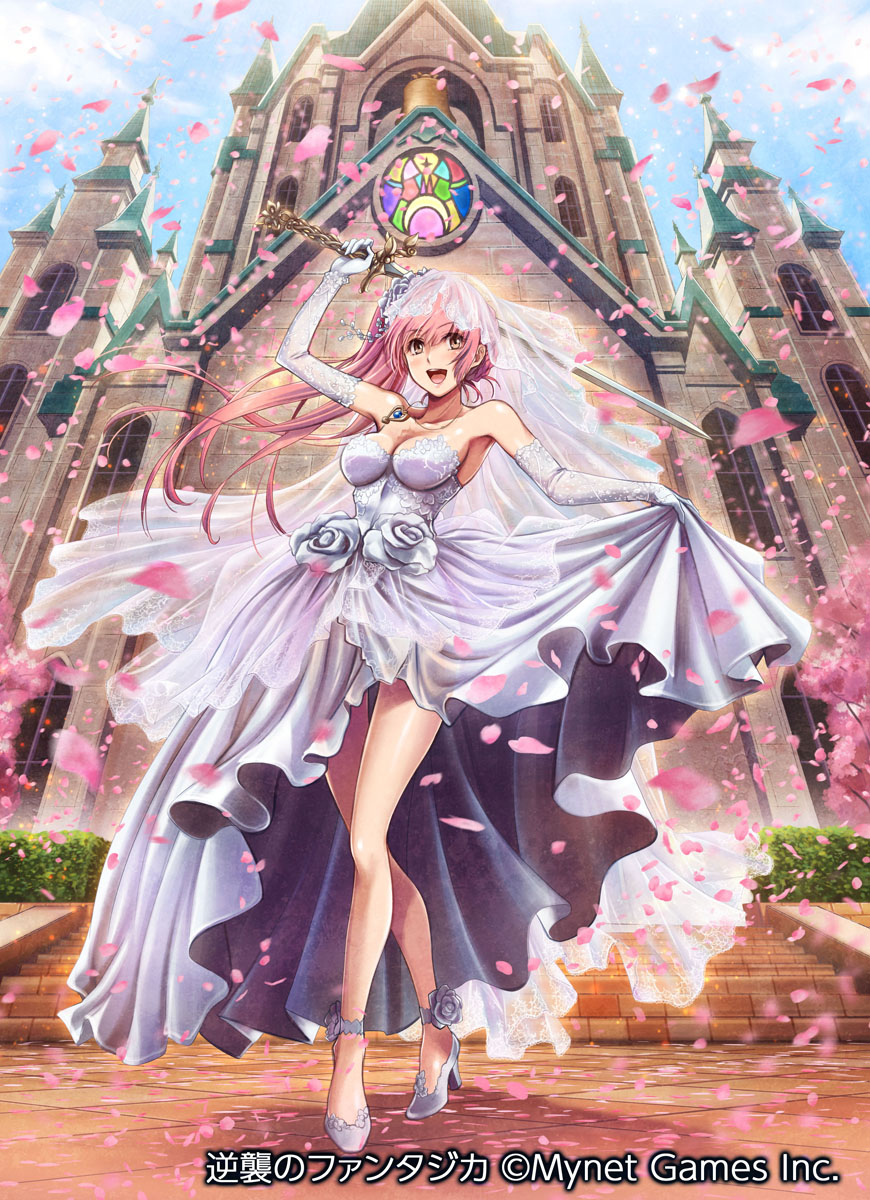 ueda metawo, gyakushuu no fantasica, commentary request, highres, official art, 1girl, :d, arm up, bare shoulders, blush, breasts, castle, church, cleavage, copyright notice, day, dress, elbow gloves, full body, gloves, high heels, holding, holding sword, holding weapon, jewelry, large breasts, long hair, looking at viewer, necklace, open mouth, orange eyes, outdoors, petals, pink hair, ponytail, see-through clothes, see-through veil, shoes, smile, solo, standing, strapless, strapless dress, sword, veil, weapon, wedding dress, white dress, white gloves, white shoes, white veil, yellow eyes