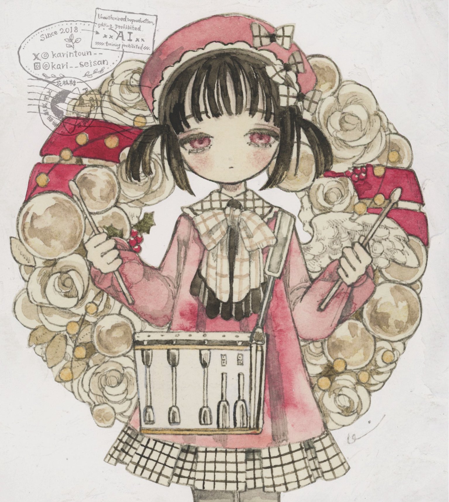 karintoun, original, acrylic paint (medium), commentary, highres, painting (medium), symbol-only commentary, traditional media, watercolor (medium), 1girl, beret, black hair, blunt bangs, blush, bow, checkered clothes, checkered skirt, coat, collared shirt, drum, drumsticks, english text, expressionless, flower, flower wreath, hair bow, hair ribbon, half-closed eyes, hat, holly berries, instagram logo, instagram username, instrument, long sleeves, looking at viewer, pale skin, pink coat, pink eyes, plaid bow, postmark, red ribbon, ribbon, rose, shirt, short hair, short twintails, shoulder strap, sidelocks, signature, simple background, sketch, skirt, snare drum, solo, standing, straight-on, twintails, twitter username, twitter x logo, watermark, white background, wreath