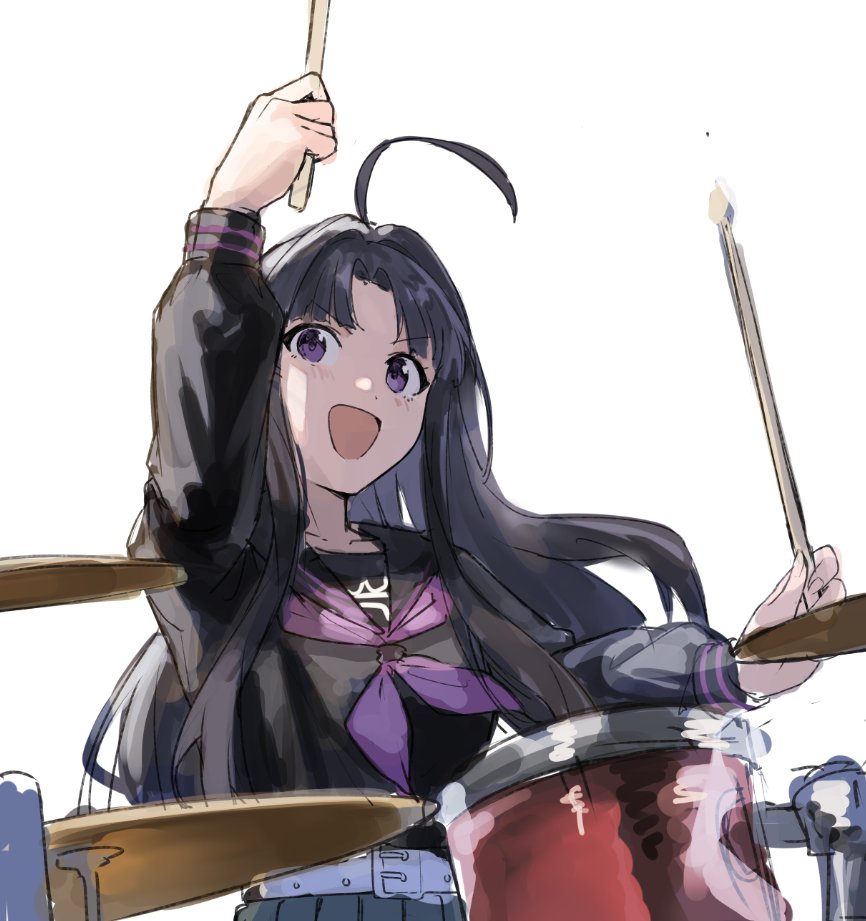 suru (seiya), awa subaru, girls band cry, 1girl, :d, ahoge, arm up, black hair, black sailor collar, black shirt, curtained hair, cymbals, drum, drum set, drumsticks, holding, holding drumsticks, instrument, long hair, open mouth, purple eyes, sailor collar, sailor shirt, school uniform, shirt, simple background, sketch, smile, solo, upper body, v-shaped eyebrows, white background