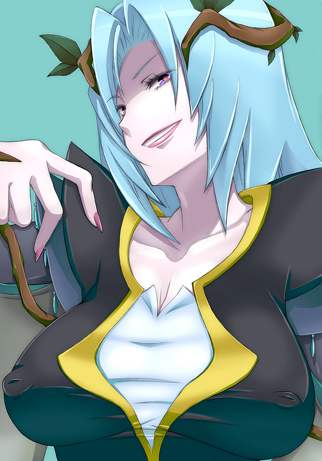 kannagi kaname, kita nayuta, northa, northa (fresh precure!), fresh precure!, precure, bad id, bad pixiv id, 00s, 1girl, blue hair, breasts, cleavage, covered erect nipples, female focus, grin, lipstick, makeup, nail polish, pink nails, smile, solo