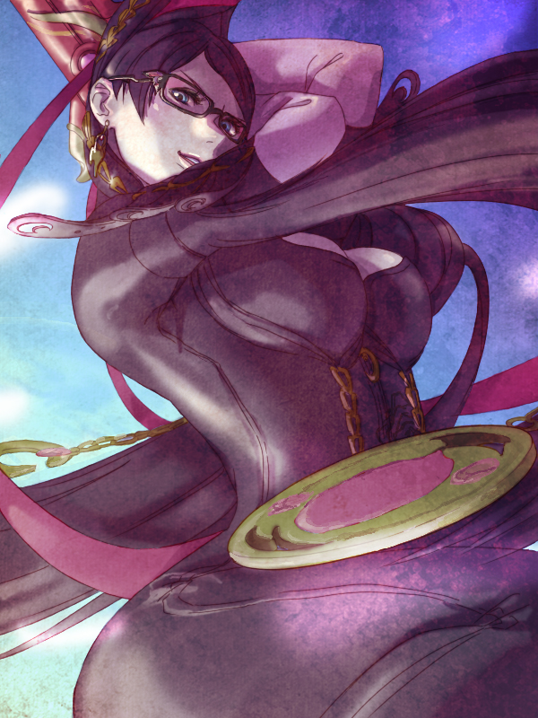 knhl, bayonetta, bayonetta (series), bayonetta 1, 1girl, black hair, blue eyes, bodysuit, breasts, earrings, female focus, from below, glasses, jewelry, long hair, looking down, red ribbon, ribbon, solo, very long hair