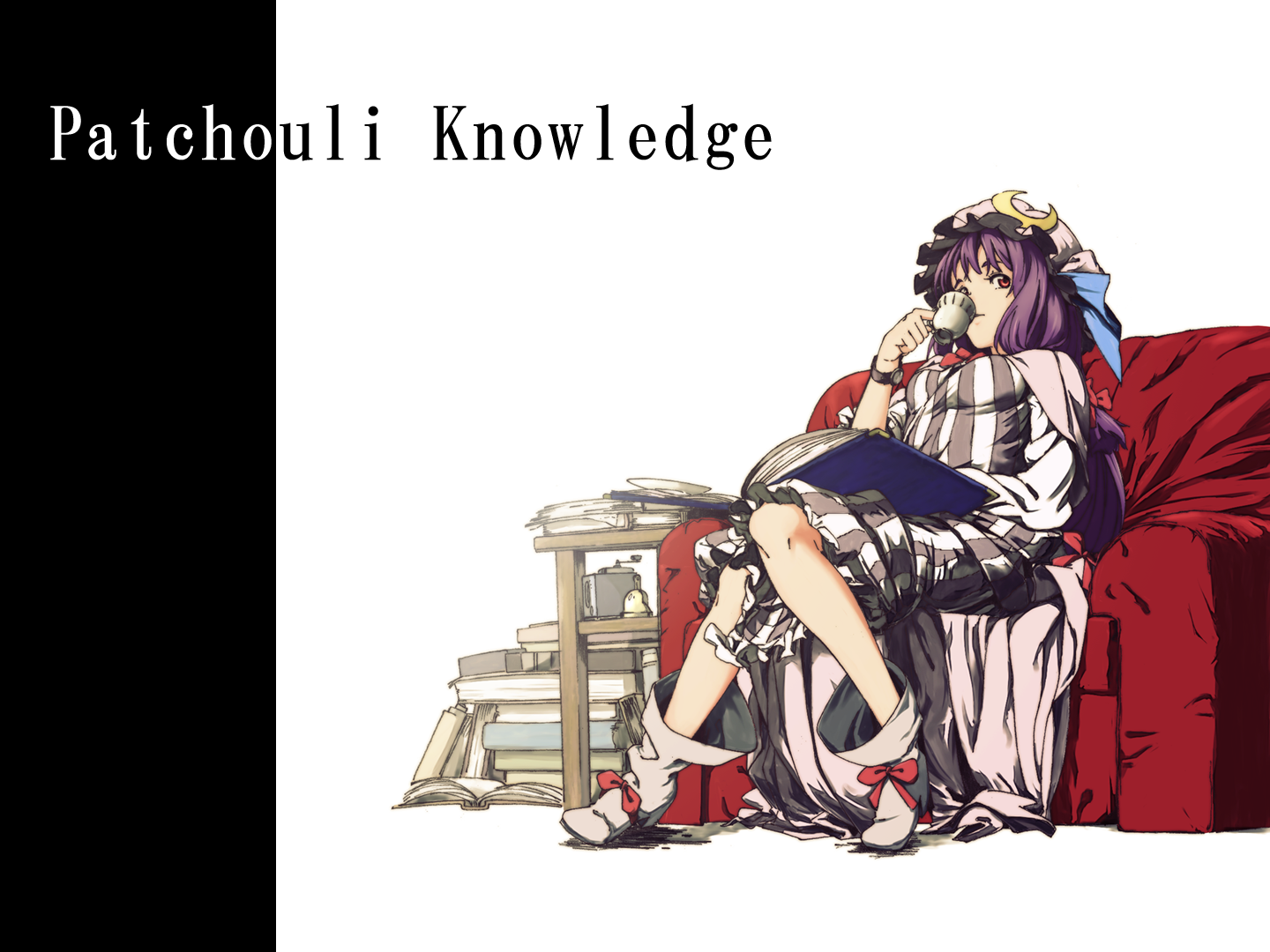 lefthand, patchouli knowledge, touhou, striped, bad id, bad pixiv id, 1girl, book, boots, bow, breasts, chair, character name, crescent, crescent moon, cup, drinking, female focus, hat, knees, medium breasts, moon, purple hair, sitting, solo