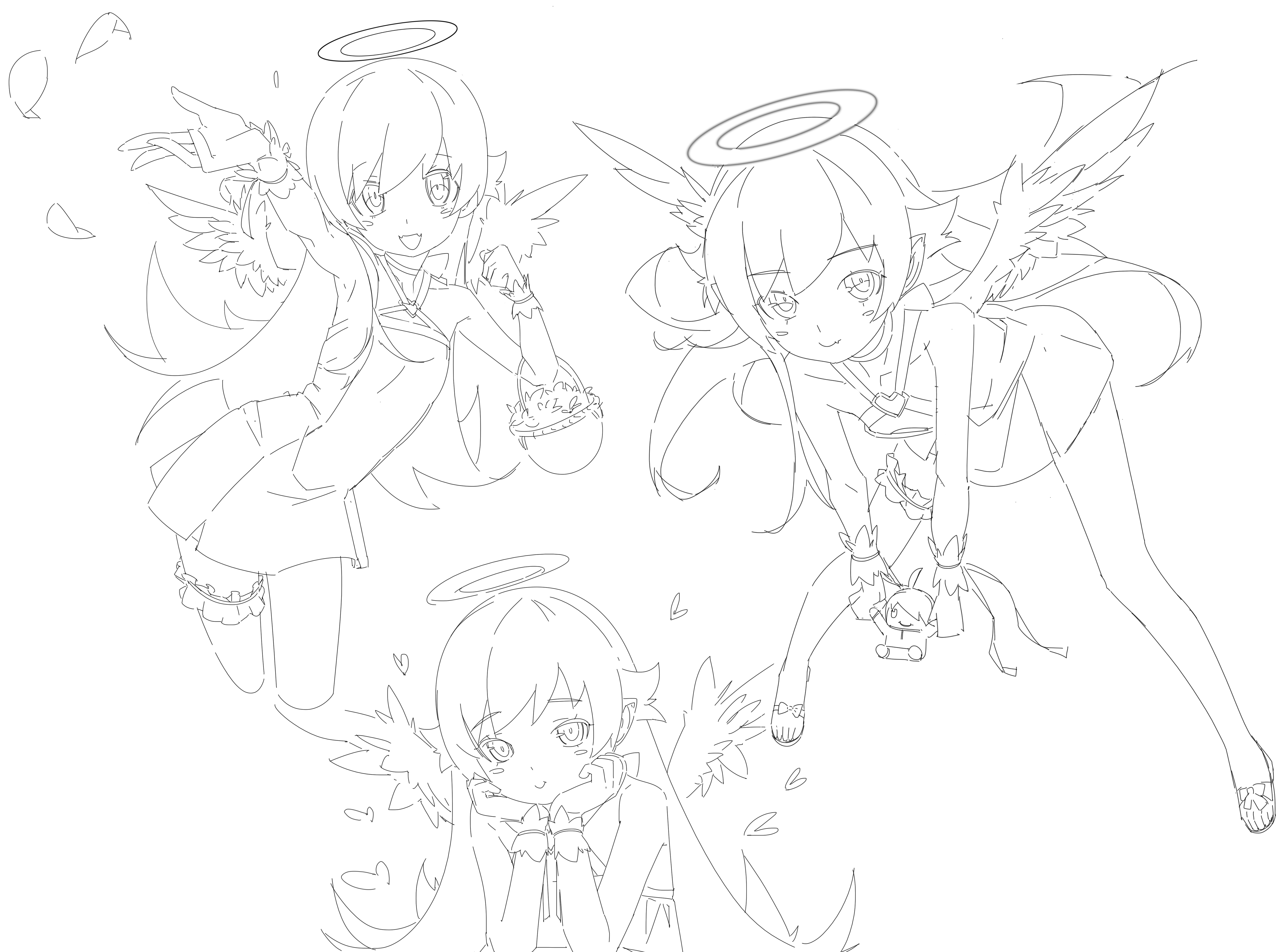 shishirui san, araragi koyomi, oshino shinobu, bakemonogatari, monogatari (series), absurdres, highres, 1girl, :d, angel wings, armpits, back bow, bare arms, basket, bow, character doll, clenched hand, closed mouth, criss-cross halter, cropped legs, doll, dress, fang, flipped hair, floating hair, footwear bow, frilled thigh strap, full body, hair between eyes, hair flaps, halo, halterneck, hand on own chin, hand up, head rest, heart, heart aura, heart o-ring, holding, holding doll, leaning forward, leaning to the side, legs apart, long hair, looking at viewer, multiple views, o-ring, open hand, open mouth, pointy ears, ringed eyes, sandals, sidelocks, simple background, sleeveless, sleeveless dress, smile, thigh strap, throwing, throwing petals, traditional halo, two-handed, upper body, very long hair, white background, wings, wrist cuffs