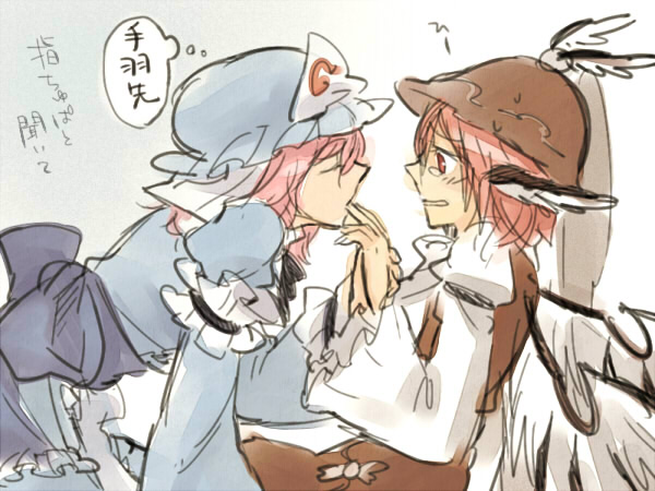 nakatani, mystia lorelei, saigyouji yuyuko, touhou, translated, 2girls, female focus, hat, licking, licking finger, multiple girls, sketch