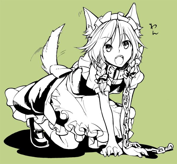 nakatani, inu sakuya (nejikirio), izayoi sakuya, touhou, 1girl, all fours, animal ears, chain, collar, dog ears, dog tail, fangs, female focus, green background, kemonomimi mode, monochrome, open mouth, pet play, simple background, solo, spot color, tail, tail wagging