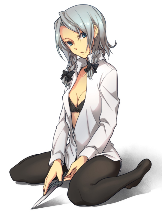 nakatani, izayoi sakuya, touhou, silver hair, 1girl, blue eyes, bra, female focus, knife, lingerie, open clothes, open shirt, pantyhose, shirt, short hair, solo, throwing knife, underwear, weapon