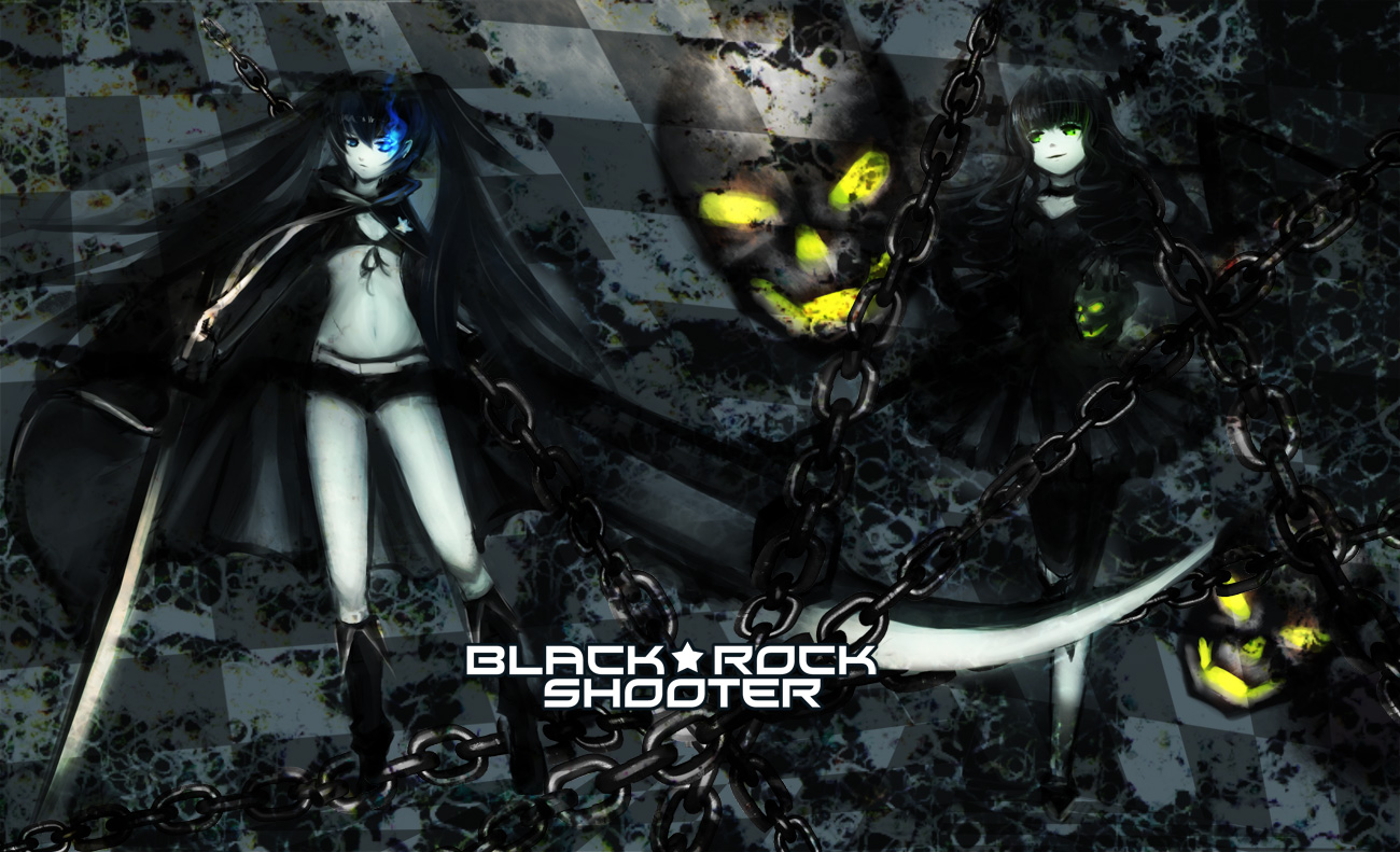 tori (artist), torinohito, black rock shooter (character), dead master, black rock shooter, 10s, 2girls, belt, black hair, blue eyes, boots, coat, dress, glowing, glowing eyes, green eyes, horns, long hair, multiple girls, smile, twintails, very long hair