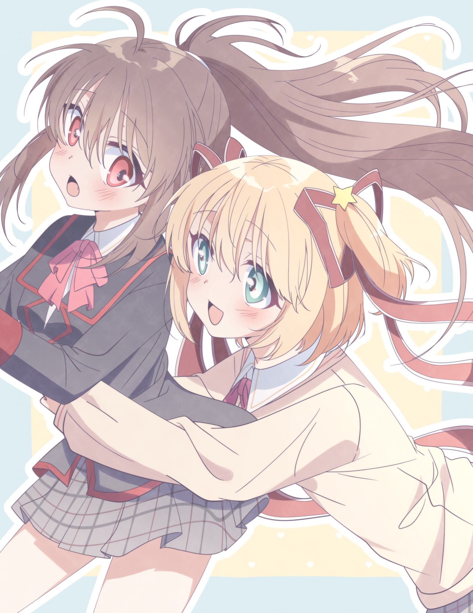minami773, kamikita komari, natsume rin, little busters!, commentary, highres, 2girls, :d, ahoge, aqua eyes, black jacket, blonde hair, blush, brown hair, cowboy shot, fang, floating hair, grey skirt, hair between eyes, hair ornament, hair ribbon, happy, hug, hug from behind, jacket, little busters! school uniform, long hair, long ribbon, long sleeves, looking at another, medium hair, miniskirt, multiple girls, open mouth, outline, plaid clothes, plaid skirt, pleated skirt, polka dot, polka dot background, ponytail, red eyes, red ribbon, ribbon, school uniform, sidelocks, simple background, skirt, smile, star (symbol), star hair ornament, sweater, tareme, two side up, upturned eyes, very long hair, white outline, yellow background, yellow sweater