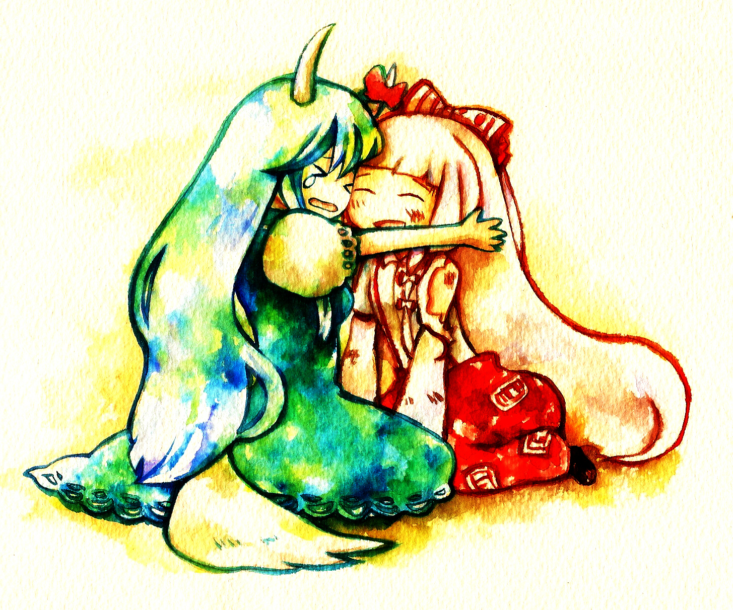 shinoasa, ex-keine, fujiwara no mokou, kamishirasawa keine, touhou, highres, traditional media, 2girls, female focus, hug, multiple girls, sitting, tears, torn clothes