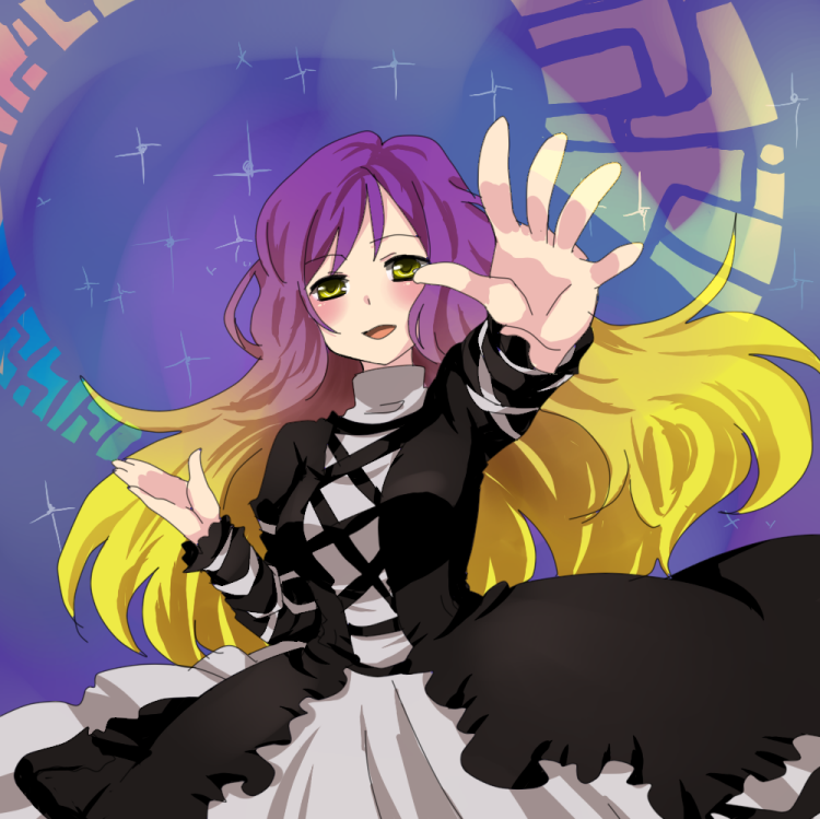 kuzumiya yuyu, hijiri byakuren, touhou, bad id, bad pixiv id, 1girl, dress, female focus, gradient hair, long hair, multicolored hair, scroll, solo, sorcerer's sutra scroll, yellow eyes