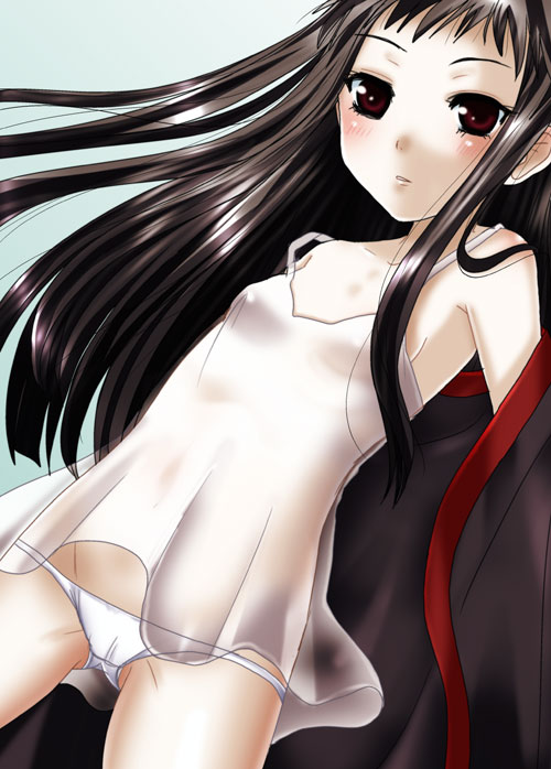 inumori sayaka, jakuri (ar tonelico), ar tonelico, ar tonelico ii, gust, 00s, 1girl, black hair, blush, cameltoe, camisole, dutch angle, female focus, flat chest, gradient background, lingerie, long hair, lowleg, lowleg panties, open clothes, open robe, panties, red eyes, robe, see-through clothes, skinny, solo, strap slip, underwear