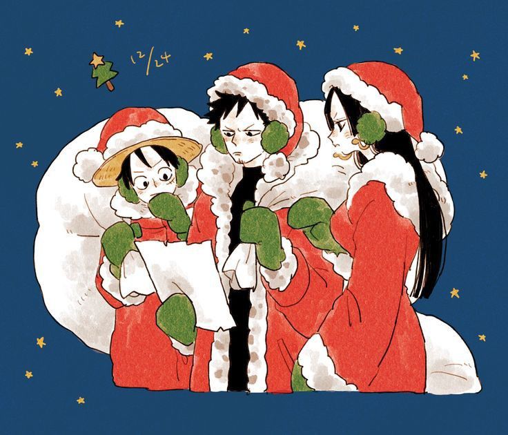 nanteiiyoru, boa hancock, monkey d. luffy, trafalgar law, one piece, 1girl, 2boys, black hair, breasts, christmas, christmas tree, earrings, facial hair, gloves, hat, long hair, long sleeves, multiple boys, santa hat, short hair, snake earrings