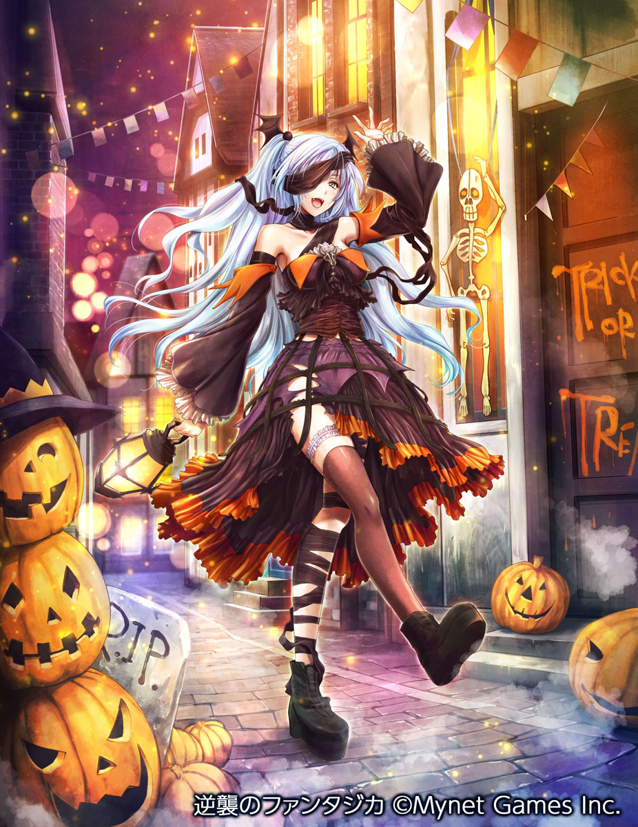 ueda metawo, gyakushuu no fantasica, commentary request, highres, official art, 1girl, :d, arm up, bare shoulders, black dress, black shoes, black sleeves, blue eyes, blue hair, brown thighhighs, copyright notice, detached sleeves, dress, frilled sleeves, frills, full body, halloween, head wings, jack-o'-lantern, long hair, long sleeves, looking at viewer, night, open mouth, outdoors, shoes, single thighhigh, sleeveless, sleeveless dress, smile, solo, standing, standing on one leg, thighhighs, wide sleeves, wings