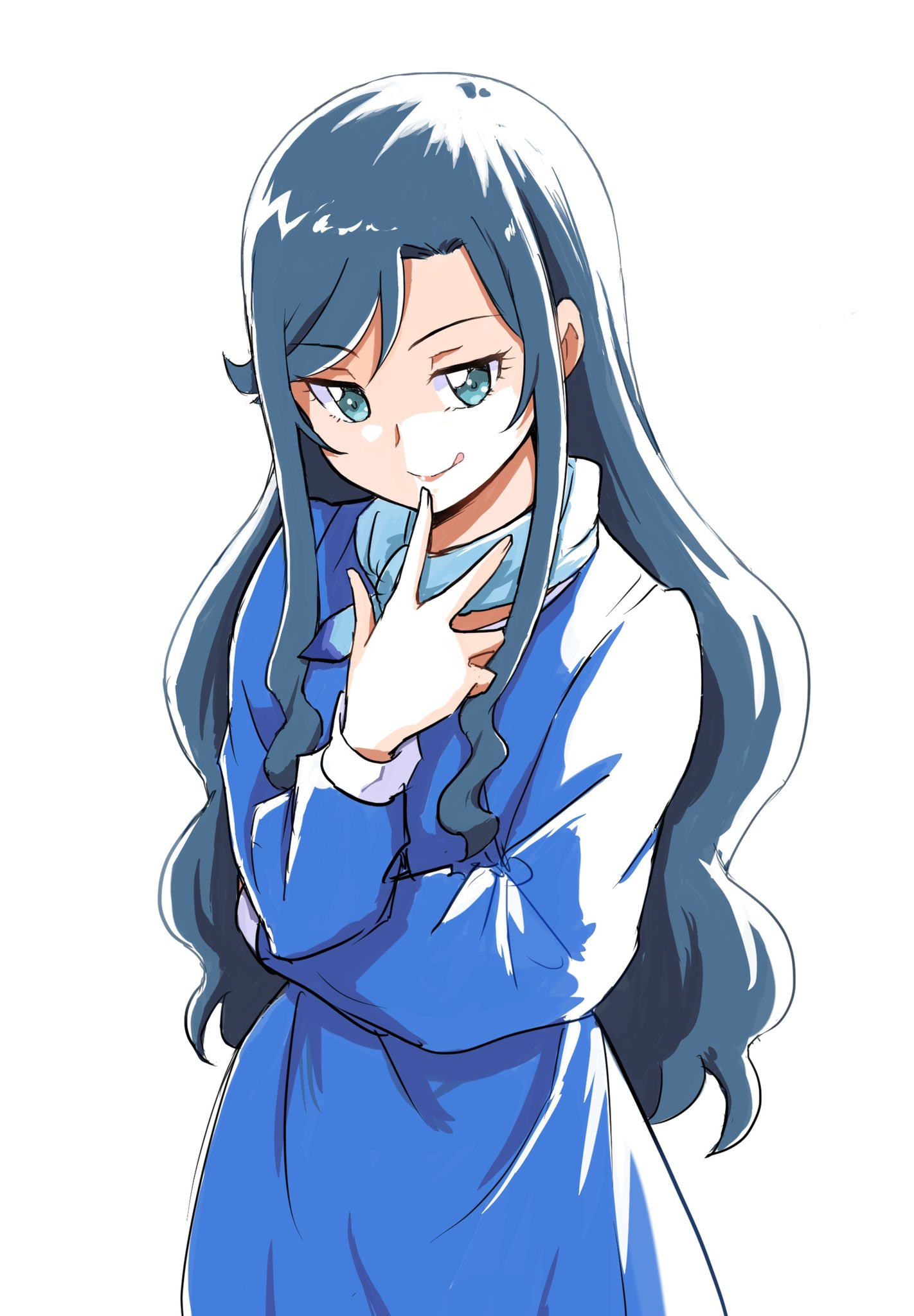 uraki, fuwa hatsuko, delicious party precure, precure, commentary, highres, 1girl, :q, aqua eyes, bandana, bandana around neck, blue bandana, blue dress, blue eyes, closed mouth, cowboy shot, dress, finger to mouth, hand up, licking lips, long hair, looking at viewer, simple background, smile, solo, standing, tongue, tongue out, wavy hair, white background