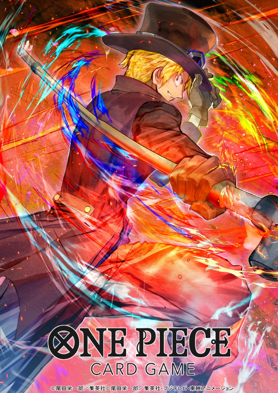 ryuda, sabo (one piece), one piece, one piece card game, commentary request, highres, official art, 1boy, black coat, black hat, blonde hair, coat, copyright name, fire, gloves, goggles, goggles on headwear, hat, holding, holding weapon, looking back, male focus, short hair, smile, solo, weapon