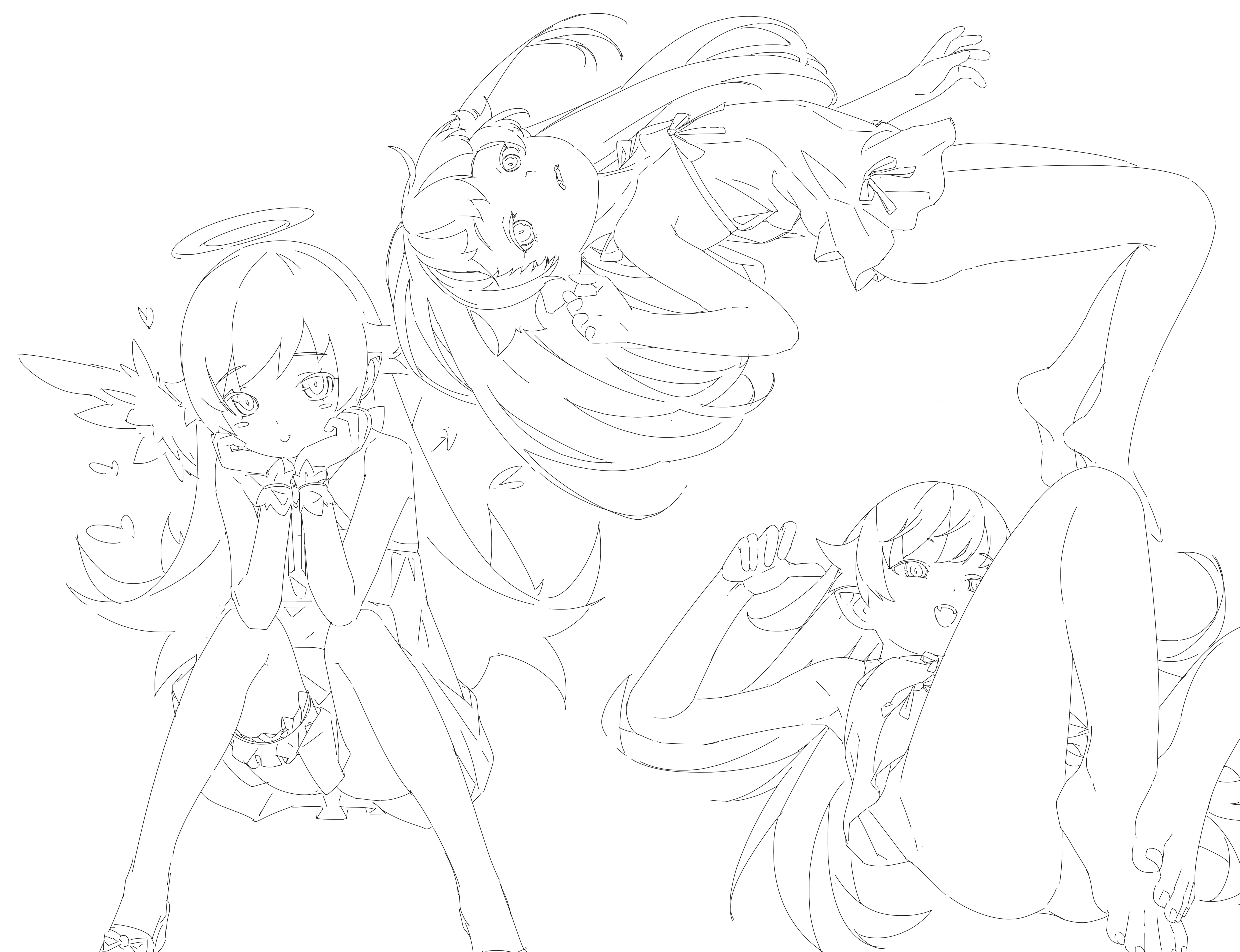 shishirui san, oshino shinobu, monogatari (series), absurdres, highres, 1girl, angel wings, apron, arm at side, armpits, ass, back bow, bare arms, bare legs, barefoot, blush stickers, bottomless, bow, bow apron, clothes between thighs, convenient leg, criss-cross halter, curled fingers, dress, elbow on knee, fang, feet, feet out of frame, flipped hair, footwear bow, foreshortening, frilled thigh strap, from above, from behind, from below, full body, hair between eyes, hair flaps, halo, halterneck, hand up, head rest, heart, heart aura, knees apart feet together, knees up, legs together, long hair, lying, multiple views, on back, on side, open mouth, pointy ears, ringed eyes, shoes, sidelocks, simple background, sitting, smile, spread legs, strapless, strapless dress, teeth, thigh strap, toenails, toes, traditional halo, upper teeth only, very long hair, white background, wings, wrist cuffs