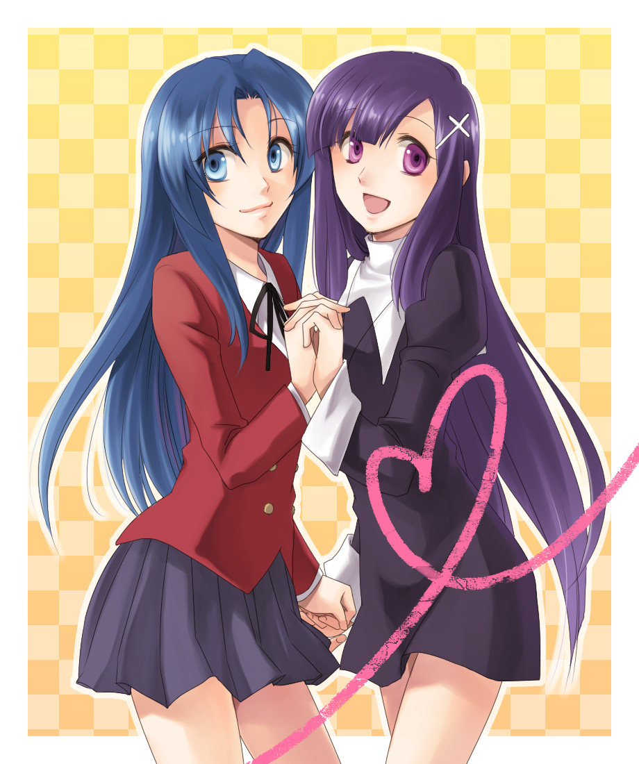 celestial s, kawashima ami, zange, kannagi, toradora!, bad id, bad pixiv id, 00s, 2girls, blue eyes, blue hair, checkered background, crossover, heart, holding hands, long hair, multiple girls, nun, purple eyes, purple hair, school uniform, skirt, smile, yellow background, yuri