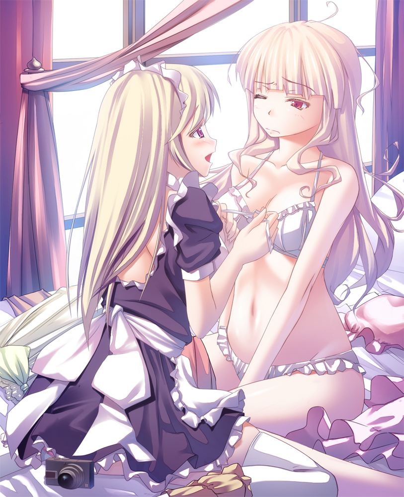 ichio, original, 2girls, apron, bed, blonde hair, blush, bra, camera, dressing, dressing another, frills, lingerie, maid, maid apron, multiple girls, panties, purple eyes, red eyes, sleepy, thighhighs, underwear
