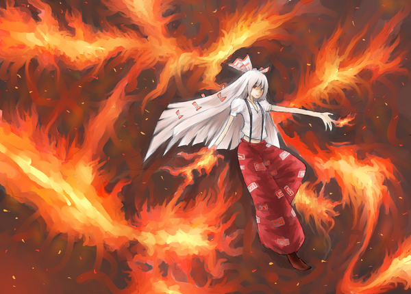 meguro shigatsu, fujiwara no mokou, touhou, silver hair, resized, bow, fire, hair bow, hair ribbon, long hair, outstretched arm, outstretched hand, pants, pixiv thumbnail, ribbon, shirt, short sleeves, solo, suspenders, white shirt