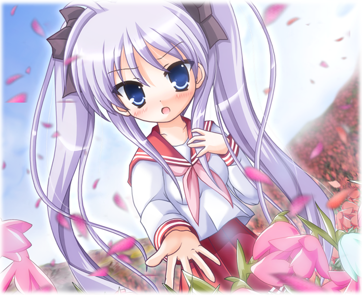 taiga joe, hiiragi kagami, lucky star, bad id, bad pixiv id, 00s, 1girl, blue eyes, dutch angle, female focus, flower, long hair, nature, outdoors, petals, purple hair, school uniform, serafuku, sky, solo, twintails, very long hair