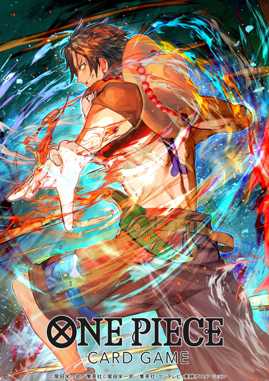 ryuda, portgas d. ace, one piece, one piece card game, commentary request, highres, official art, 1boy, arm tattoo, back tattoo, belt, black hair, black shorts, copyright name, elbow pads, fire, hat, male focus, orange belt, orange hat, short hair, shorts, single elbow pad, smile, solo, tattoo, topless male
