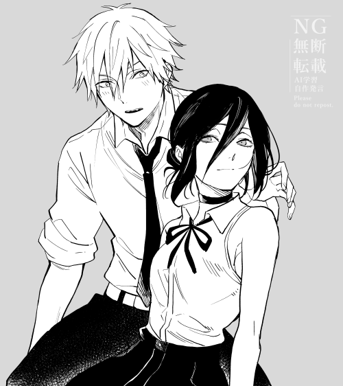 nanahachi 77889, denji (chainsaw man), reze (chainsaw man), chainsaw man, 1boy, 1girl, bare shoulders, black choker, black hair, black ribbon, black shorts, breasts, choker, collared shirt, grey background, greyscale, hair between eyes, hair bun, hover hand, light blush, medium breasts, medium hair, monochrome, neck ribbon, parted lips, ribbon, shirt, short hair, shorts, sleeveless, sleeveless shirt, sleeves rolled up, updo, upper body, white shirt