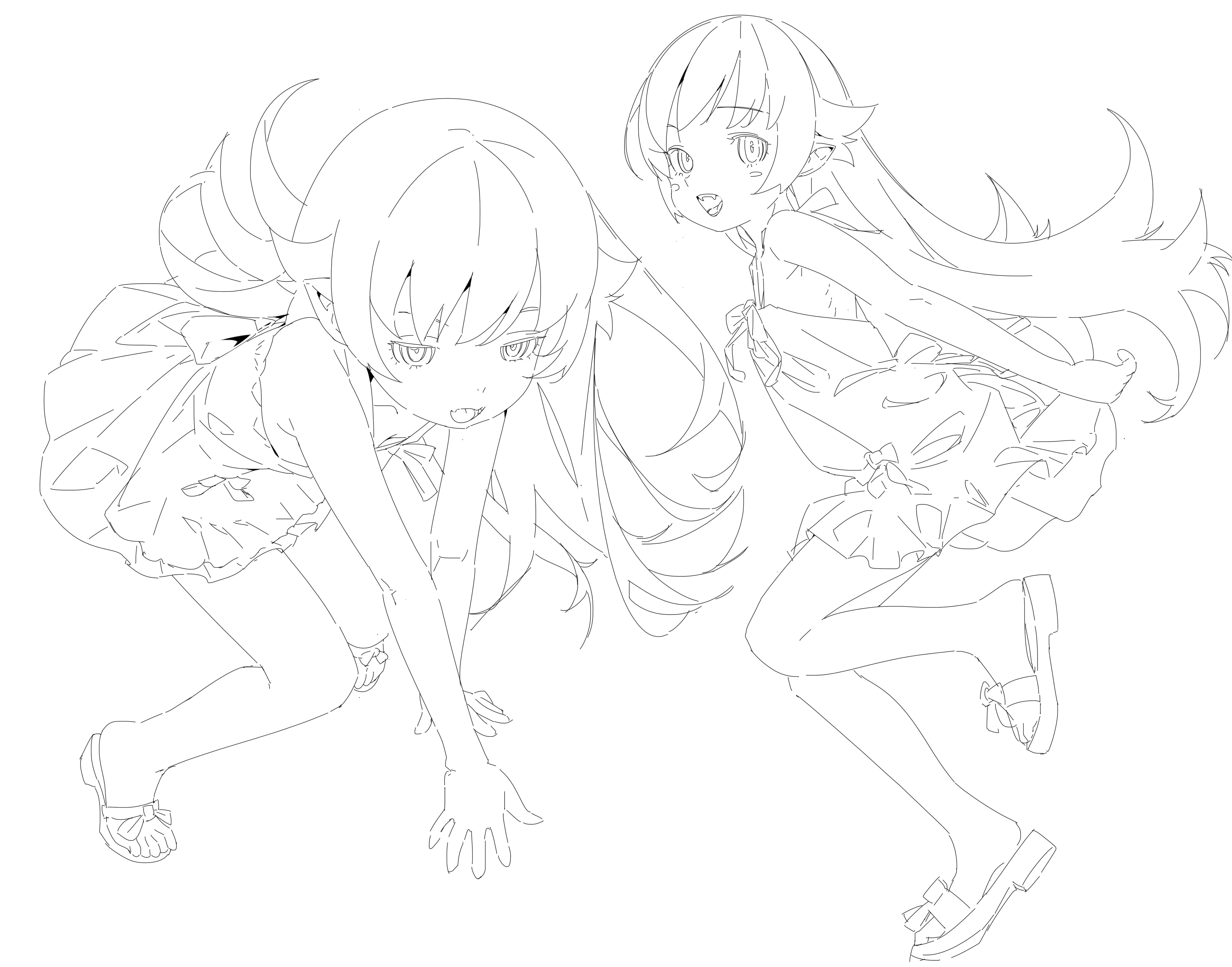 shishirui san, oshino shinobu, monogatari (series), absurdres, highres, 1girl, all fours, apron, arm behind back, back bow, bare arms, bare legs, blush stickers, bow, bow apron, fangs, flat chest, flipped hair, footwear bow, from above, from side, full body, hair between eyes, hair flaps, leaning forward, leg up, long hair, lower teeth only, multiple views, open mouth, pointy ears, ringed eyes, running, sandals, sidelocks, simple background, skirt, standing, standing on one leg, teeth, toes, upper teeth only, vampire, very long hair, waist bow, white background