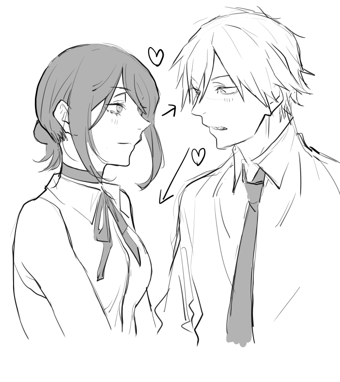 nanahachi 77889, denji (chainsaw man), reze (chainsaw man), chainsaw man, 1boy, 1girl, bare shoulders, breasts, choker, collared shirt, greyscale, hair between eyes, hair bun, hetero, light blush, looking at another, looking at breasts, medium breasts, medium hair, monochrome, neck ribbon, necktie, parted lips, ribbon, sharp teeth, shirt, short hair, sketch, sleeveless, sleeveless shirt, teeth, updo, upper body, white background, white shirt