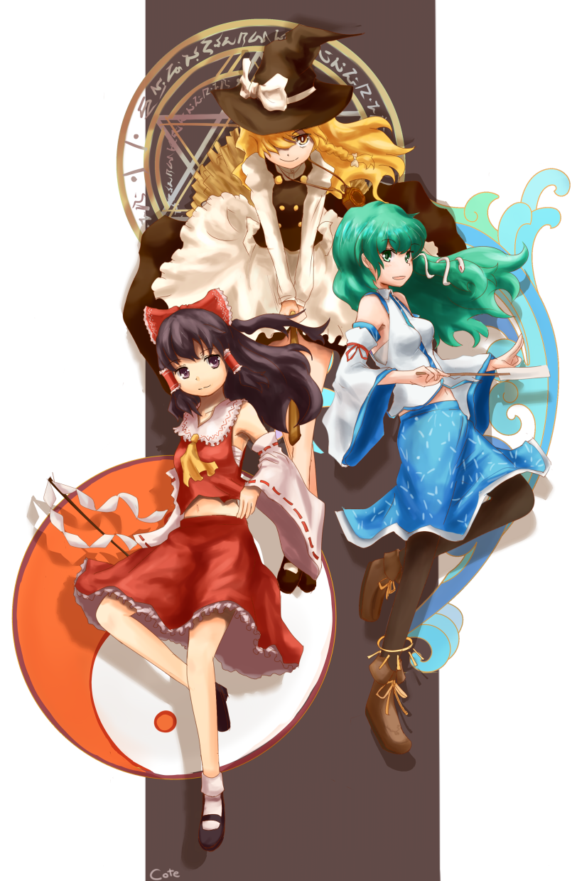 kokotetsu, hakurei reimu, kirisame marisa, kochiya sanae, touhou, bad id, bad pixiv id, highres, 3girls, blonde hair, bow, braid, broom, brown hair, detached sleeves, female focus, gohei, green eyes, green hair, hair ornament, hat, japanese clothes, long hair, miko, multiple girls, pantyhose, ribbon, snake, witch, witch hat, yellow eyes