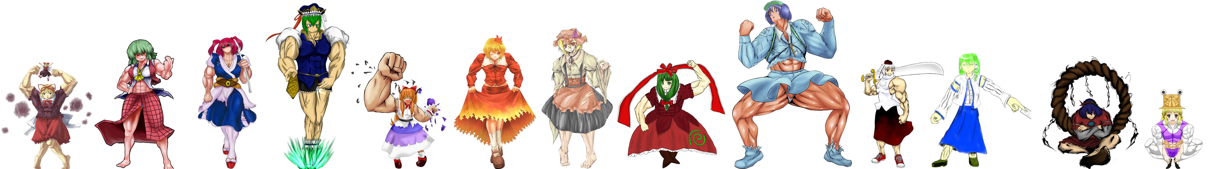 aki minoriko, aki shizuha, ibuki suika, inubashiri momiji, kagiyama hina, kawashiro nitori, kazami yuuka, kochiya sanae, medicine melancholy, moriya suwako, onozuka komachi, shiki eiki, yasaka kanako, touhou, absurdres, highres, long image, wide image, 6+girls, female focus, manly, multiple girls, muscular, what