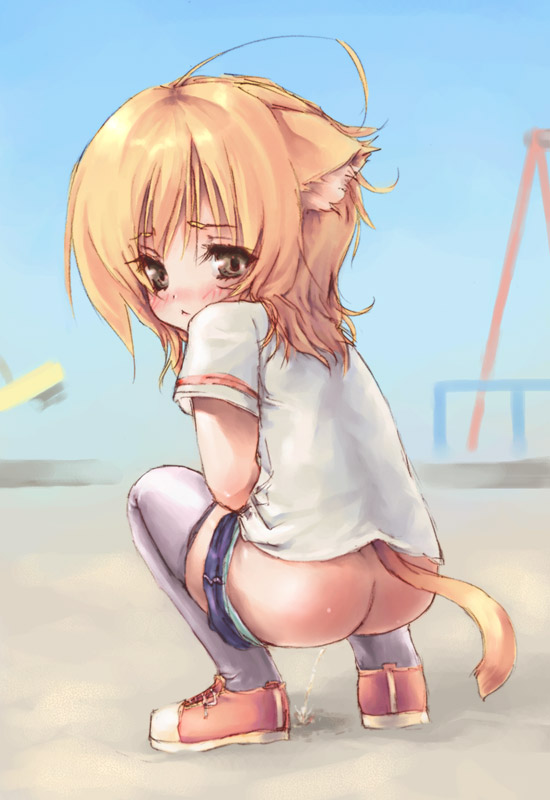 pokomi, original, 1girl, :<, ahoge, animal ears, ass, blonde hair, blush, cat ears, cat tail, female focus, from behind, gym uniform, loli, looking back, panties, panty pull, pee, peeing, playground, shorts, solo, squatting, tail, thighhighs, underwear