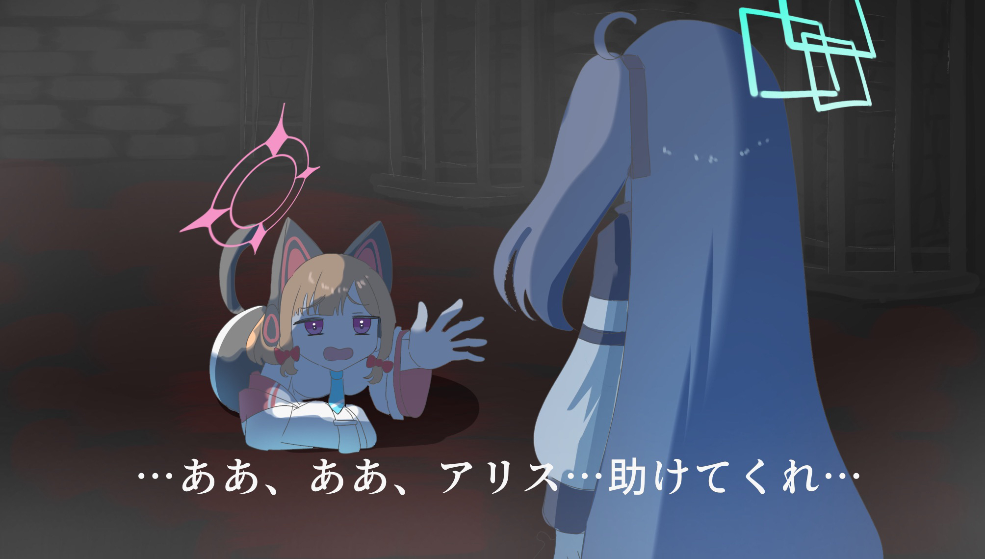 miaki (mi autumn39), aris (blue archive), momoi (blue archive), bloodborne, blue archive, highres, tagme, translation request, animal ear headphones, animal ears, blonde hair, bow, cat ear headphones, cat ears, fake animal ears, hair bow, halo, headphones, long sleeves, necktie, open mouth, parody, pink halo, short hair, tail