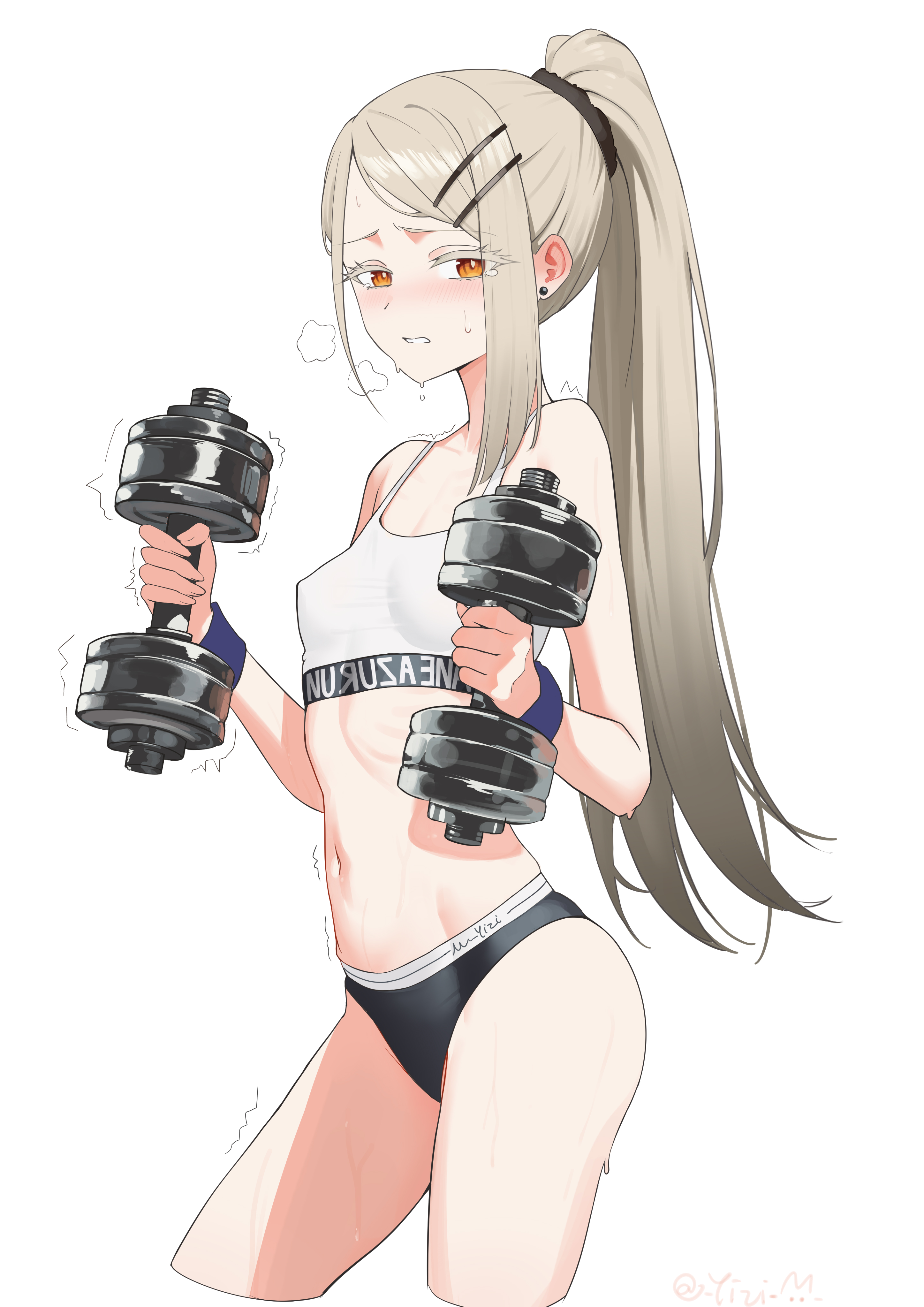 yizi (yizi official), shinosawa hiro, gakuen idolmaster, idolmaster, absurdres, highres, 1girl, bare arms, bare shoulders, black sports panties, blonde hair, blush, breasts, covered erect nipples, double dumbbell pose (han-0v0), dumbbell, earrings, exercising, facing to the side, hair ornament, hair scrunchie, hairclip, heavy breathing, high ponytail, holding, holding dumbbell, jewelry, long hair, looking at viewer, navel, orange eyes, ponytail, ribs, scrunchie, small breasts, solo, sports bra, sportswear, stomach, sweat, sweatdrop, thighs, trembling, very long hair, weightlifting, white sports bra, wrist cuffs